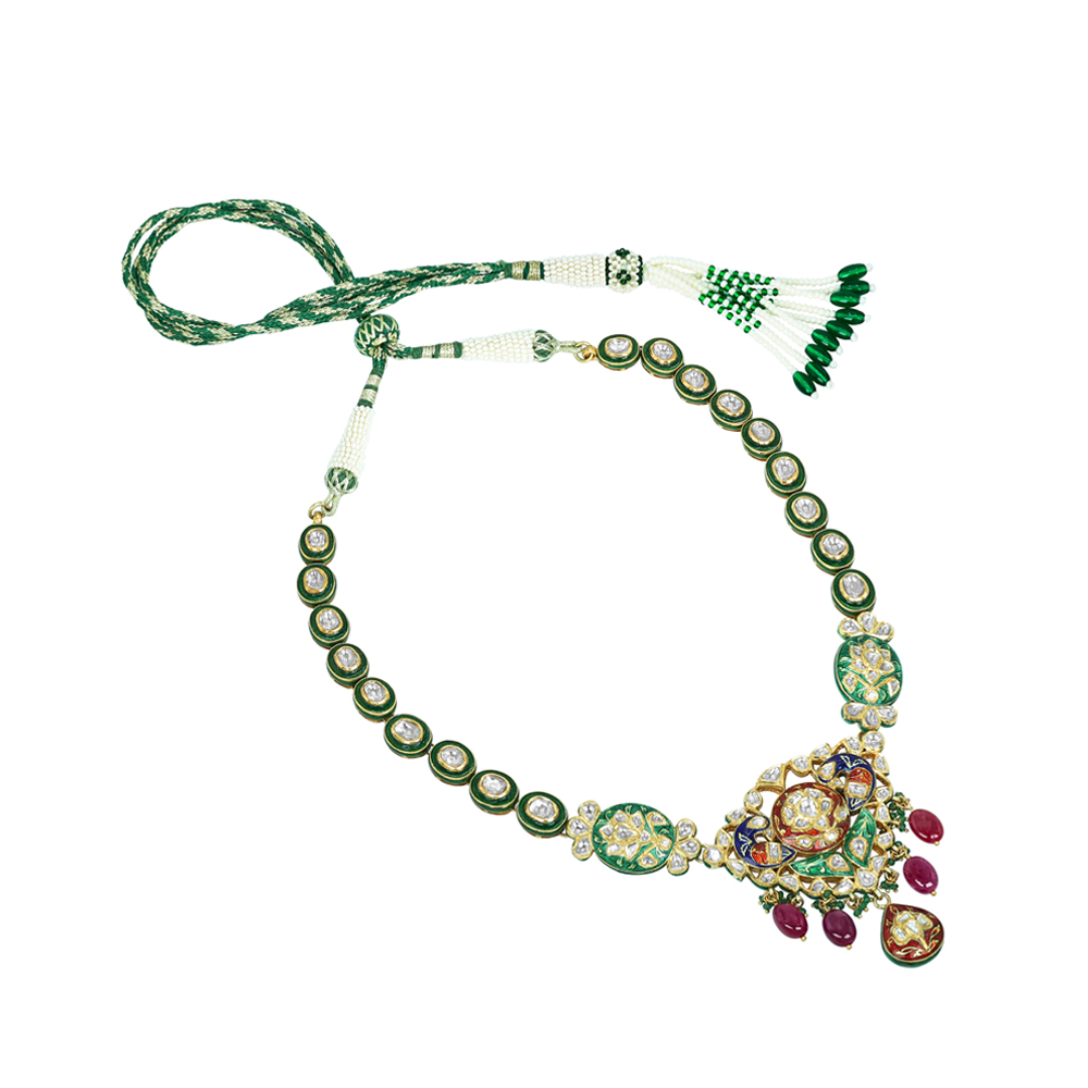 Enamel Necklace with Green-Red Accents, Pearls, and Gemstones